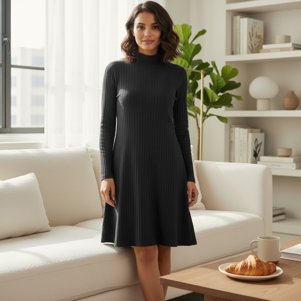 Ivanka Trump Black Ribbed Mock Neck Long Sleeve A-Line Knit Dress Womens Small